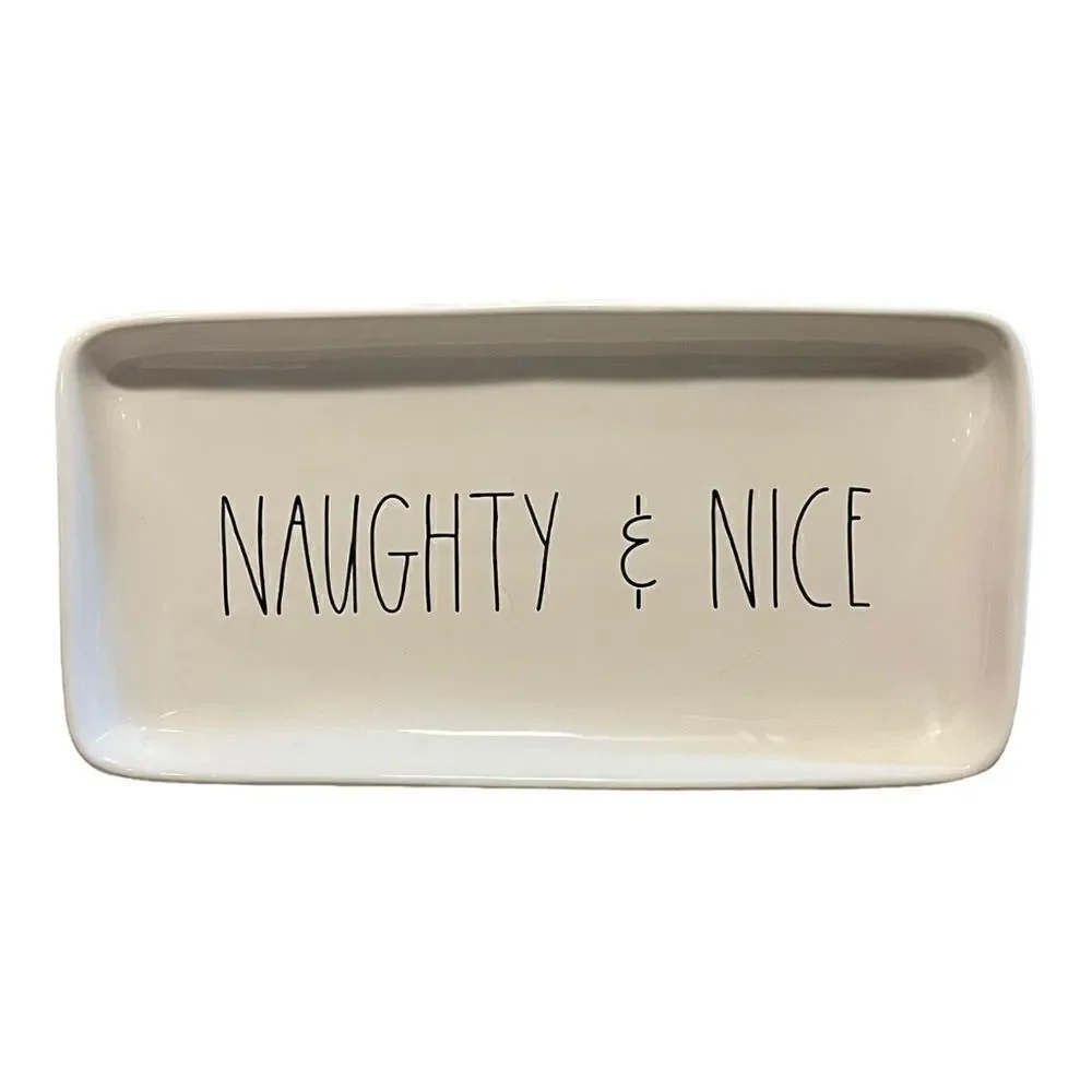 Rae Dunn Naughty & Nice Platter Tray Ceramic Holiday Santa Theme New